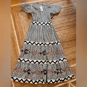 OLIPHANT V NECK MAXI RIPPLE BLACK AND WHITE EMBROIDERED FISH DRESS NWT SIZE S